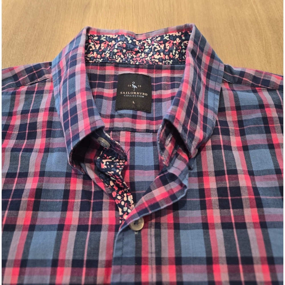 Tailorbyrd Mens Large Blue Pink Plaid Button Down Shirt Floral Trim Cotton Blend - Picture 2 of 9